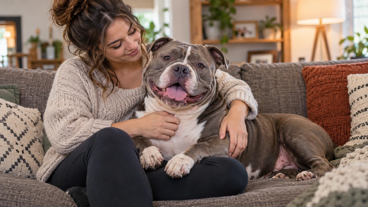 American Bully köpek — sahibinin kucağında