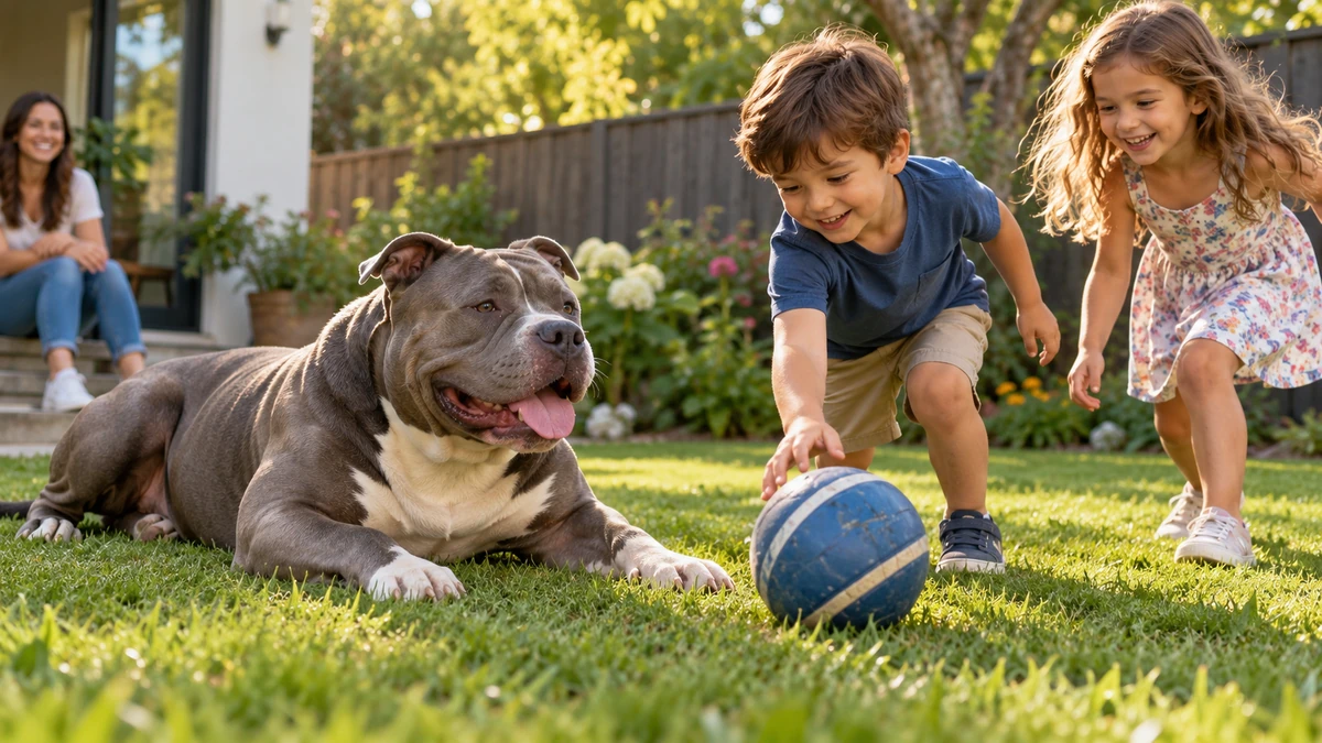 American Bully köpek — çocuklarla oyun