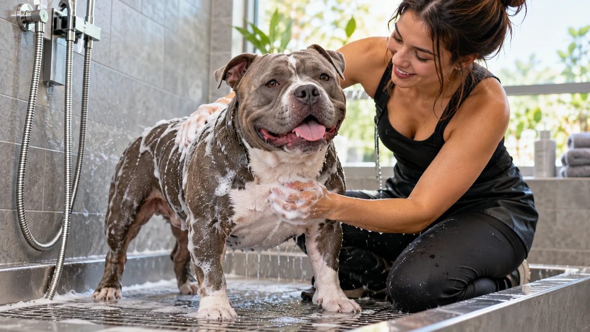 American Bully köpek — banyo ve temizlik