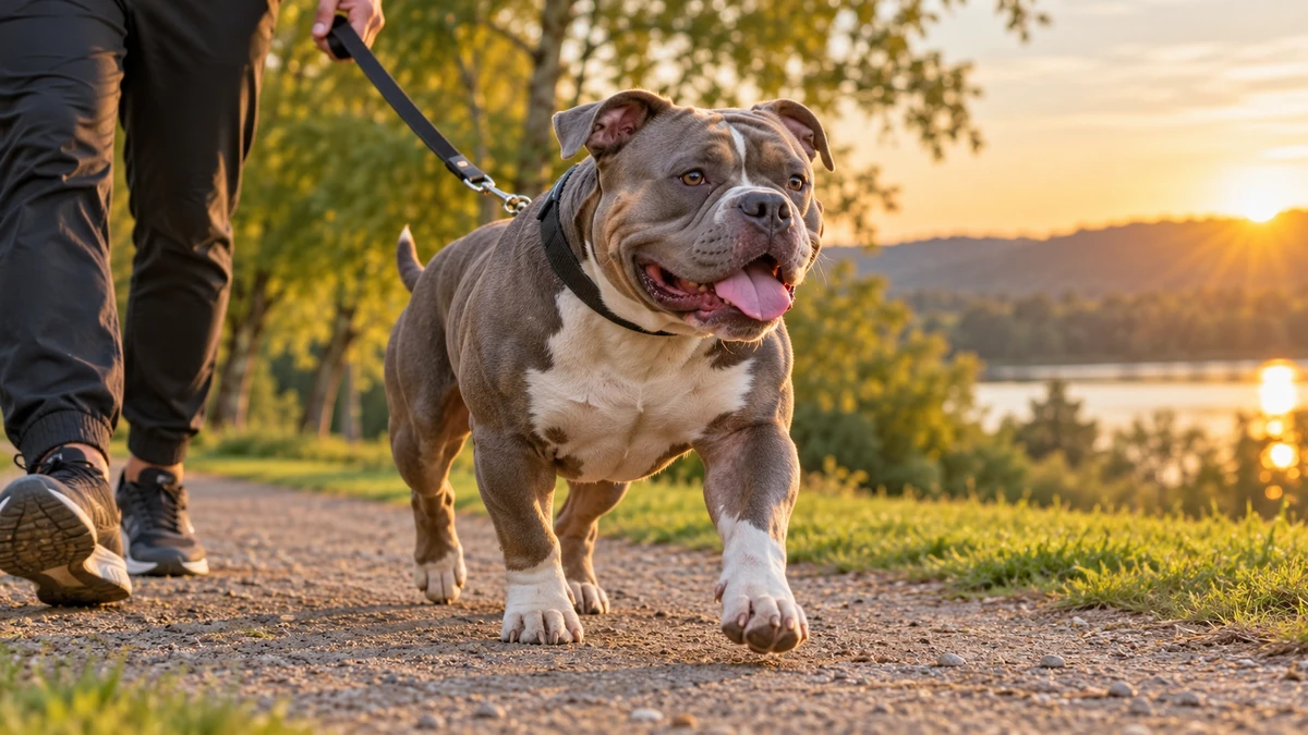 American Bully köpek — parkta yürüyüş ve egzersiz